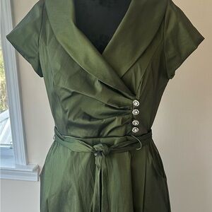 Julian Taylor Olive Green Midi Dress with Button Detail